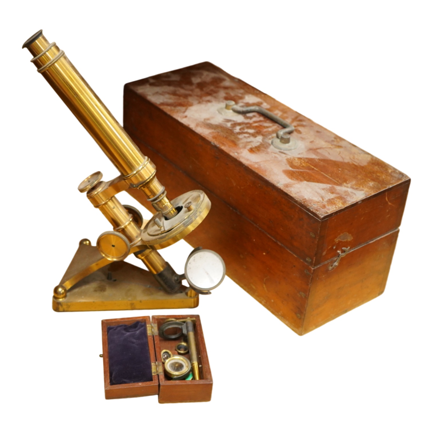 A late 19th century brass compound monocular microscope, by R and J. Beck, mahogany cased, with two objectives, 2 eyepieces and miscellaneous slides, the case dimensions; 40.5 x 15.5x 18cm, together with a small early 19